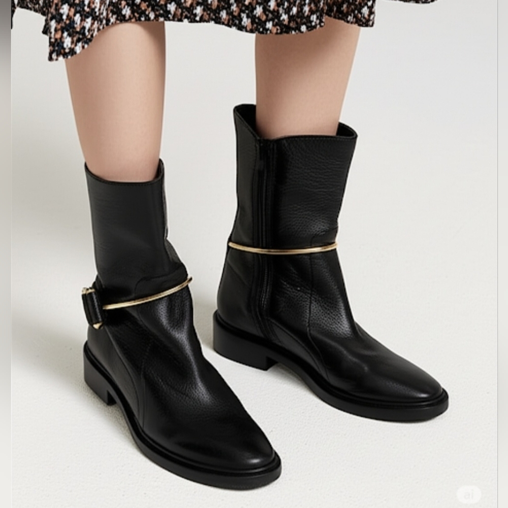 BALENCIAGA EU 40 Black Textured Leather Gold Metal Strap Unisex Biker Boots - Picture 2 of 11